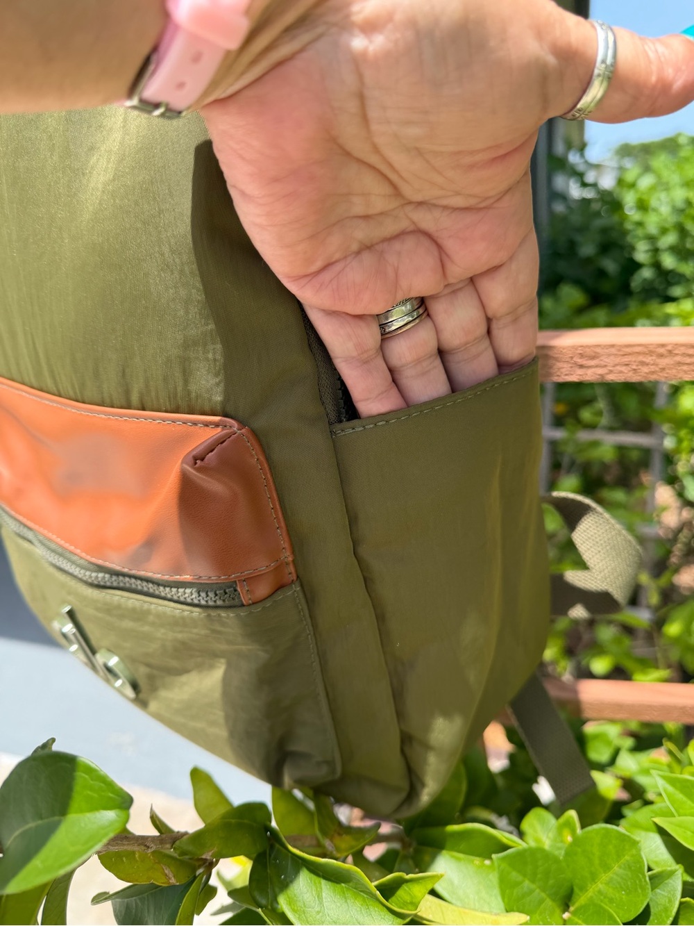 ALO Yoga Olive Green Backpack with Tan Pocket Accent - Picture 8 of 13